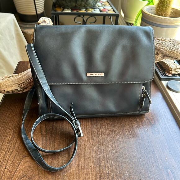 Vintage Villager Liz Claiborne Purse Blue Black Leather small Bag crossbody - Picture 1 of 16